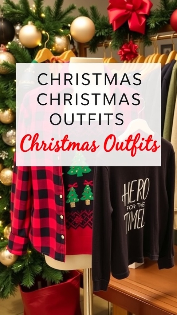 Stylish Christmas outfits for school displayed with holiday decorations.